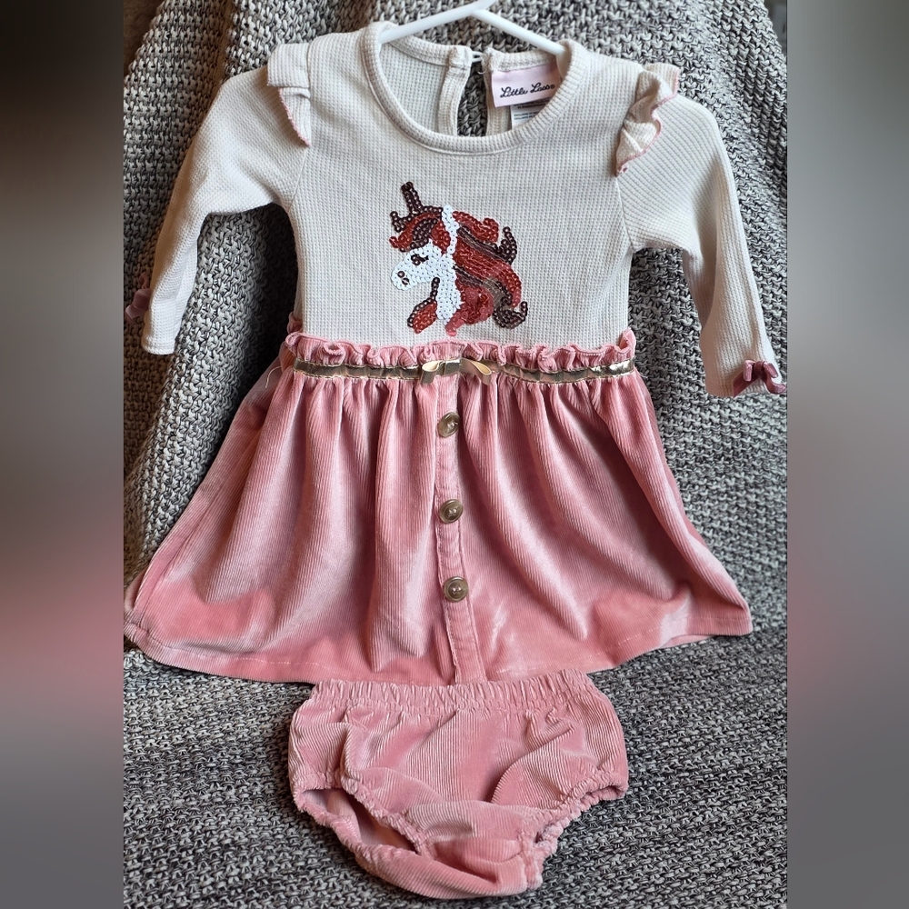 Little Lass Cream and Pink Unicorn Dress